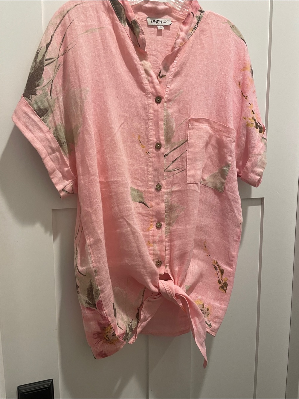 Linen & Co Pink Floral Tie-Front Button Blouse